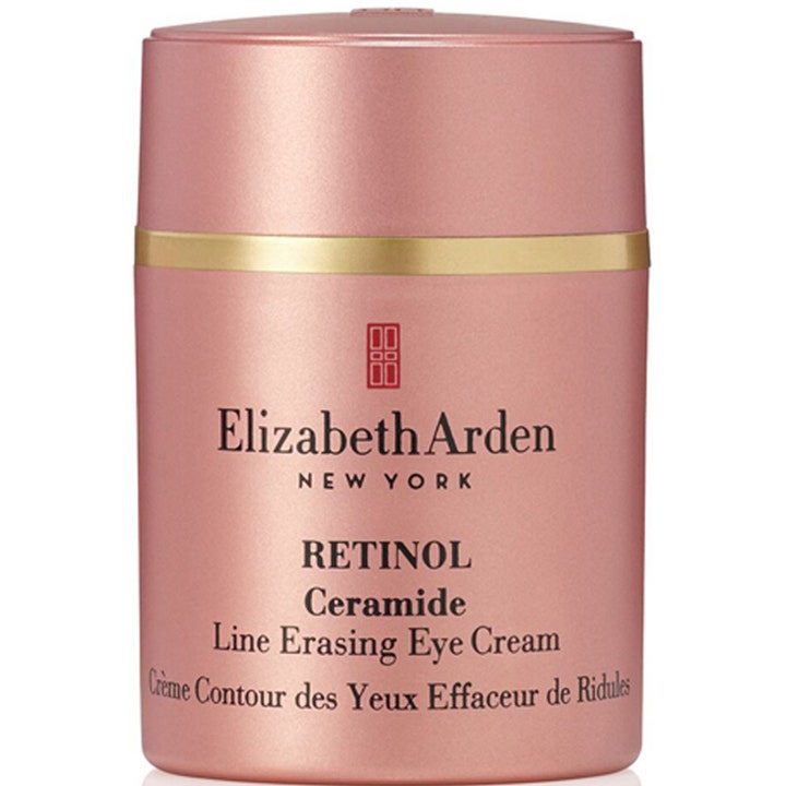 Elizabeth Arden Retinol Ceramide Line Erasing Eye Cream reduserer linjer i rosa metallisk beholder med gullbånd.
