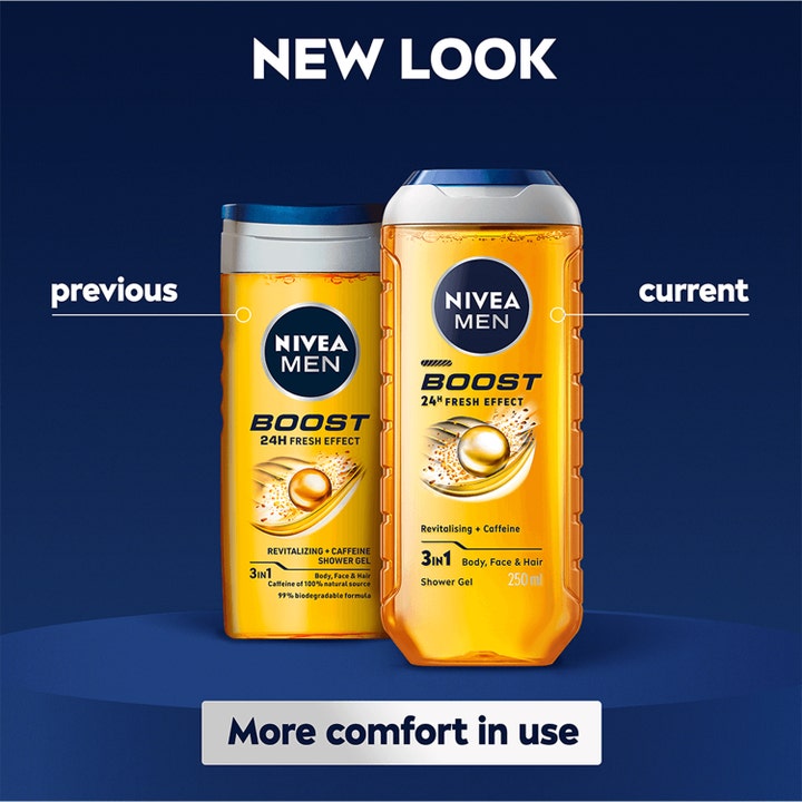 NIVEA Men Boost Shower Gel 250 ml oppfriskende dusjsåpe i ny oransje flaske med koffein og 24h fresh effect.