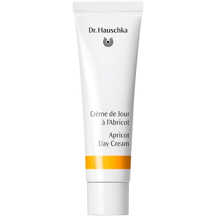 Dr. Hauschka Apricot Day Cream 30 ml fuktighetsgivende ansiktskrem i hvit tube med gul stripe og logo.