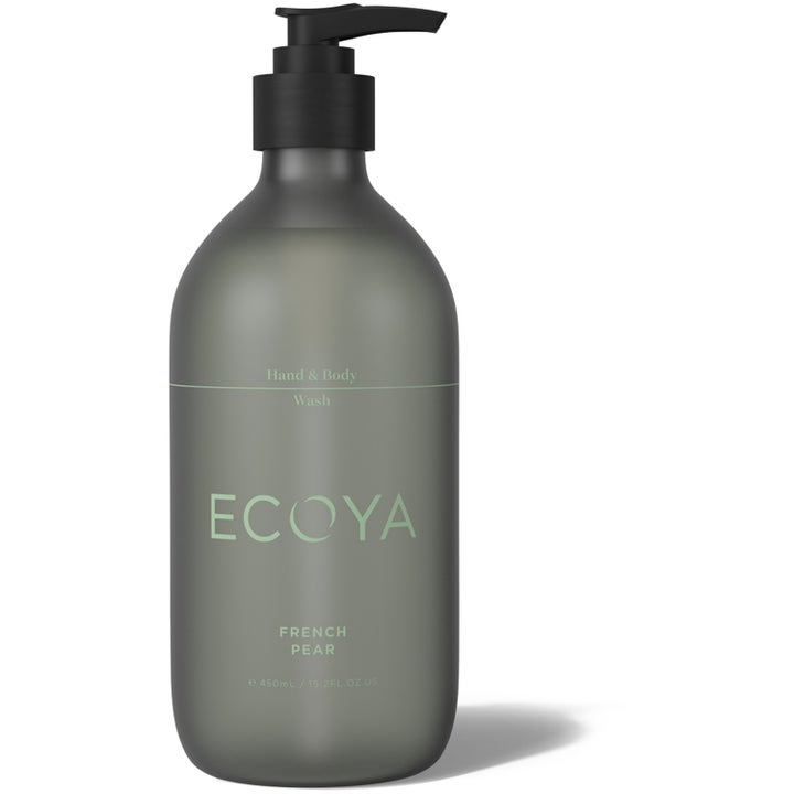 Ecoya Hand & Body Wash French Pear 450ml rensende såpe som gir fuktighet i grå frostet flaske med svart pumpe