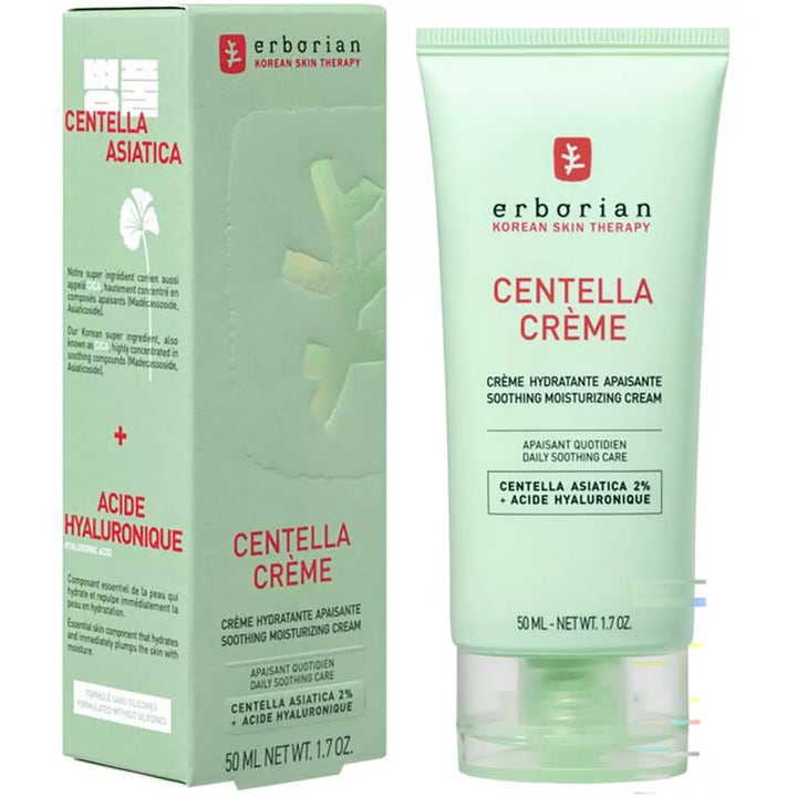 Erborian Centella Creme 50 ml beroligende ansiktskrem i lysegrønn tube med matchende ytterforpakning