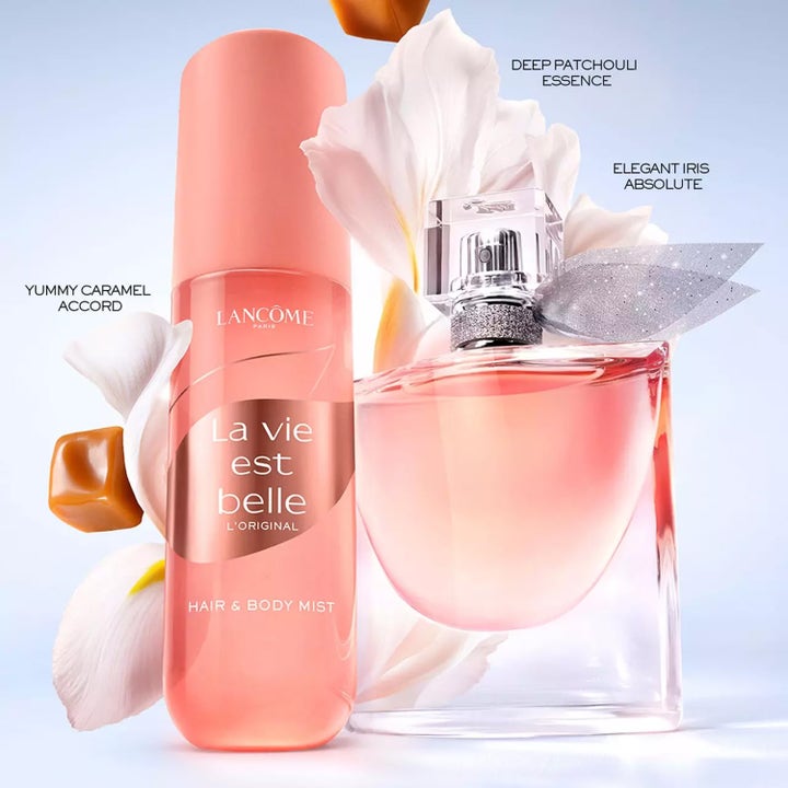 Lancôme La Vie est Belle Hair And Body Mist 100 ml gir frisk duft i ferskenfarget flaske med iris og karamell.