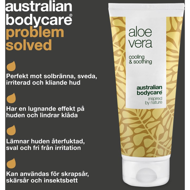 Australian Bodycare Aloe Vera Gel 100 ml beroligende hudpleie i hvit tube med gullmønster og infografikk om lindring