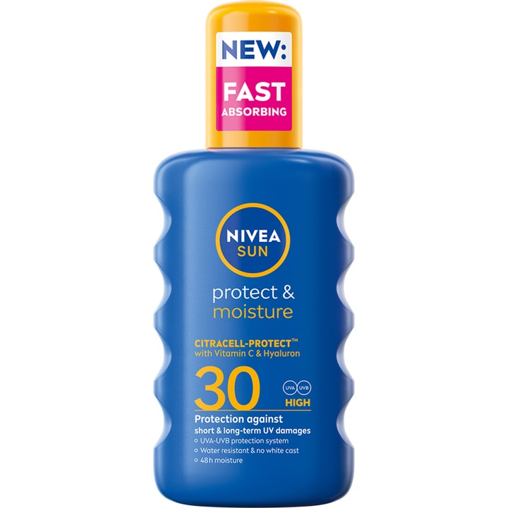 Nivea Sun Protect & Moisture SPF 30 fuktighetsgivende solkrem i blå sprayflaske med bølgete sidegrep og gul kork