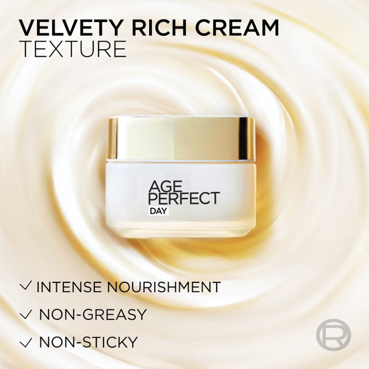 L'Oréal Paris Age Perfect Day Cream 50 ml i glasskrukke med gullokk over en fløyelsmyk kremkonsistens.