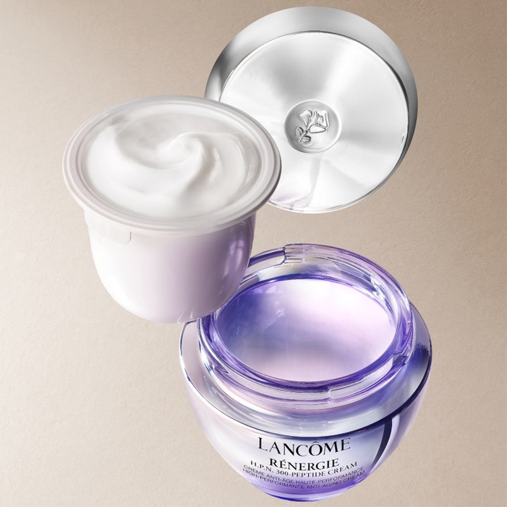 Lancôme Rénergie H.P.N. UVMUNE Cream SPF50 50 ml anti-age ansiktskrem med hvit tekstur, lilla krukke og sølvlokk.