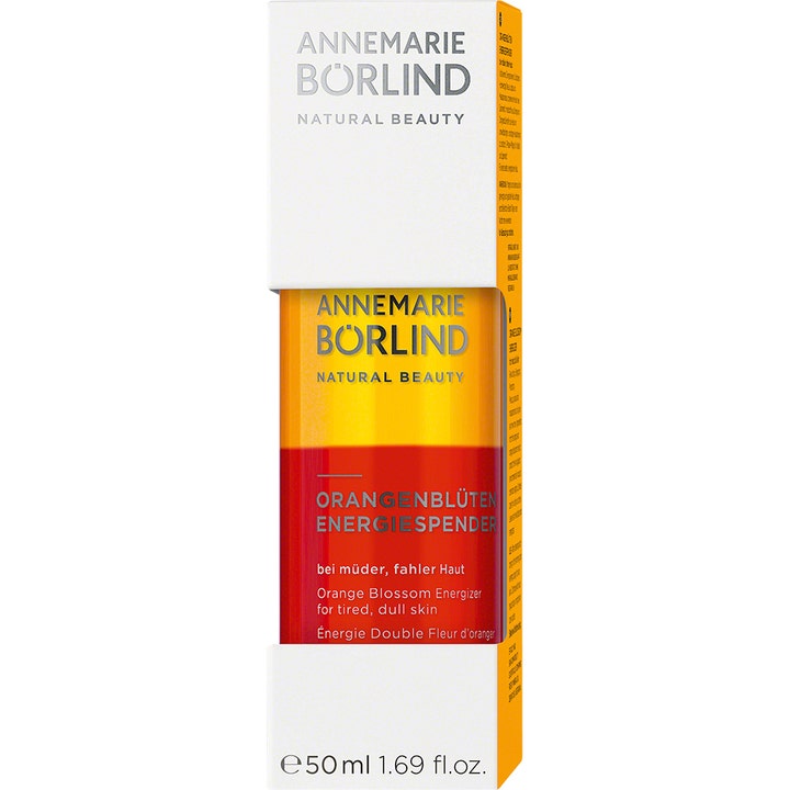 Annemarie Börlind Orange Blossom Energizer 50 ml ansiktsolje i hvit eske med tofaset oransje og rød glassflaske