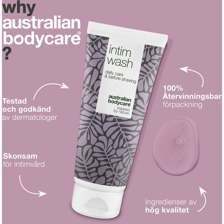 Australian Bodycare Intim Wash 200 ml intimvask i tube med mønster og lilla geltekstur ved siden av.