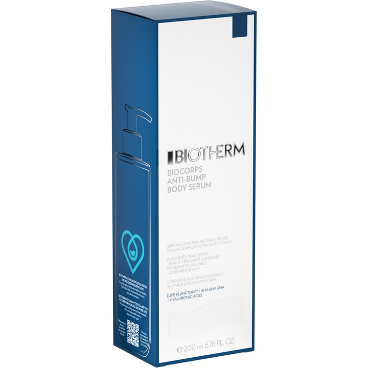 Biotherm Biocorps Body Serum 200 ml eksfolierende kroppsserum i hvit og blå eske med AHA, BHA og PHA