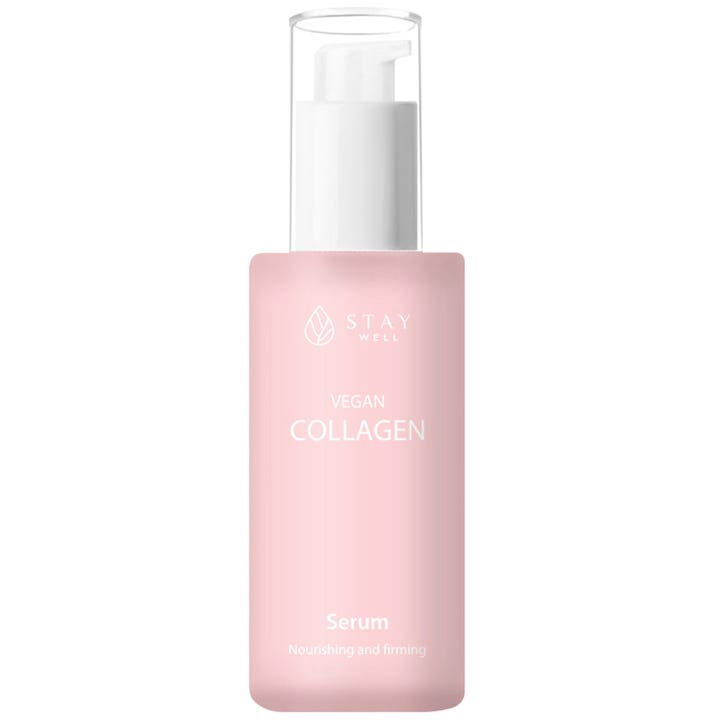 Stay Well Vegan Collagen Serum nærende og oppstrammende ansiktsserum i frostet rosa flaske med hvit pumpe