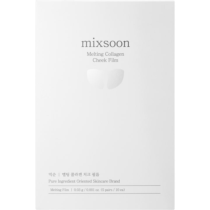 mixsoon Melting Collagen Cheek Film 5 par oppstrammende kollagenfilm i hvit eske med bilde av kinnmasker