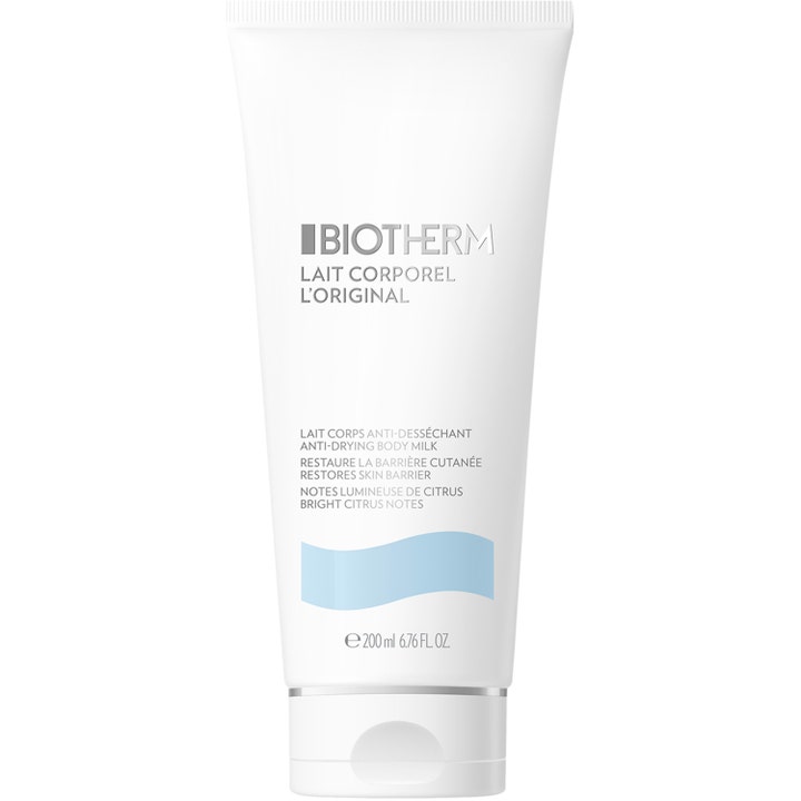 Biotherm Lait Corporel L'Original 200 ml fuktighetsgivende kroppslotion som styrker hudbarrieren i hvit tube med blå bølge
