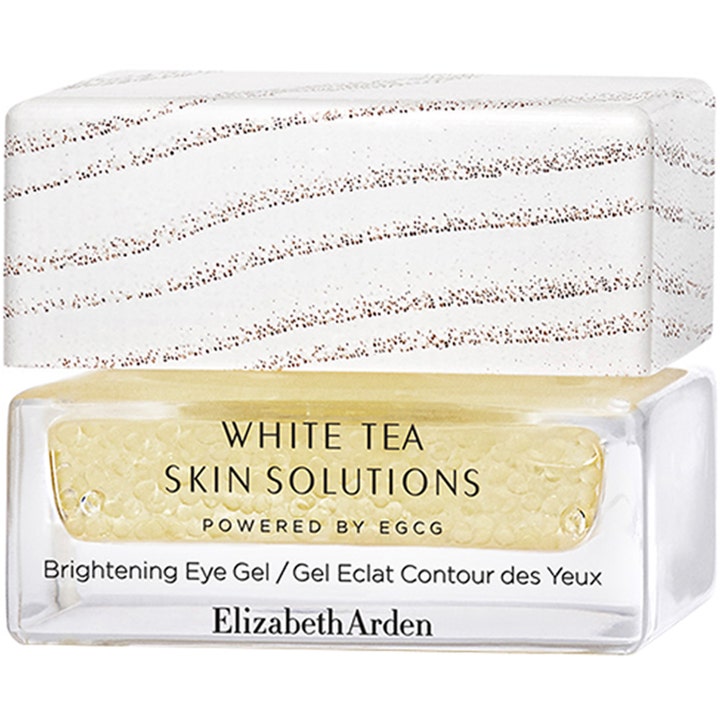 Elizabeth Arden White Tea Skin Solutions Brightening Eye Gel gir glød, øyegelé i glasskrukke med perler og mønstret lokk.