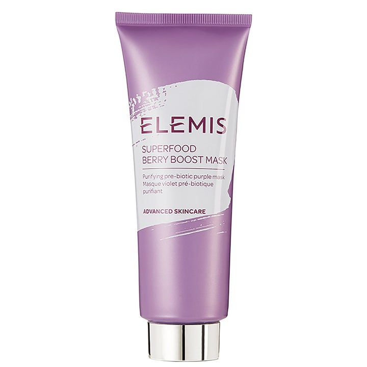 Elemis Superfood Berry Boost Mask 75ml rengjørende ansiktsmaske i en lilla tube med sølvfarget kork.