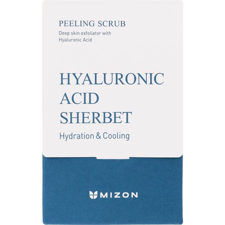 Mizon Hyaluronic Sherbet Peeling Scrub 5 g fuktgivende ansiktsskrubb i hvit og blå eske som gir en kjølende effekt