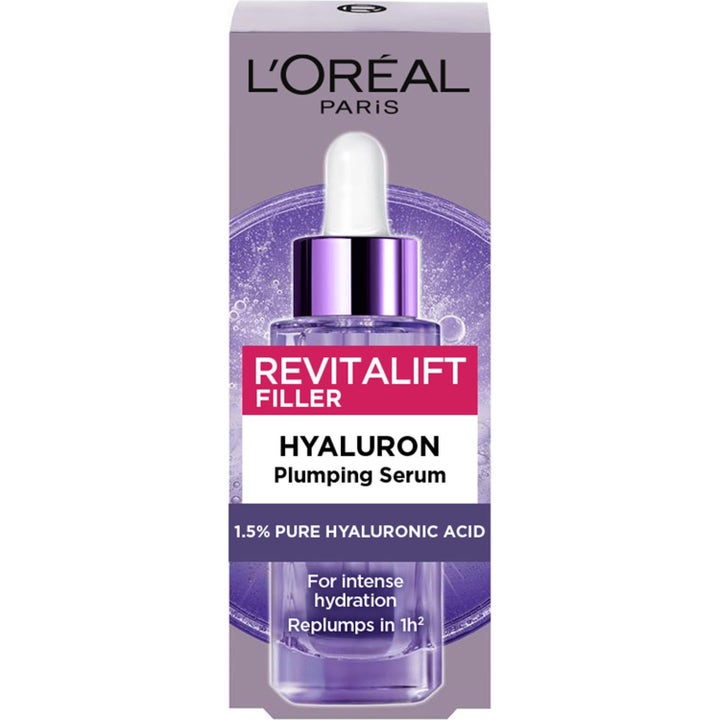 L'Oréal Paris Revitalift rynkerutine med 0.2% Pure Retinol og 1.5% Hyaluronic Acid serum i blå og lilla glassflaske