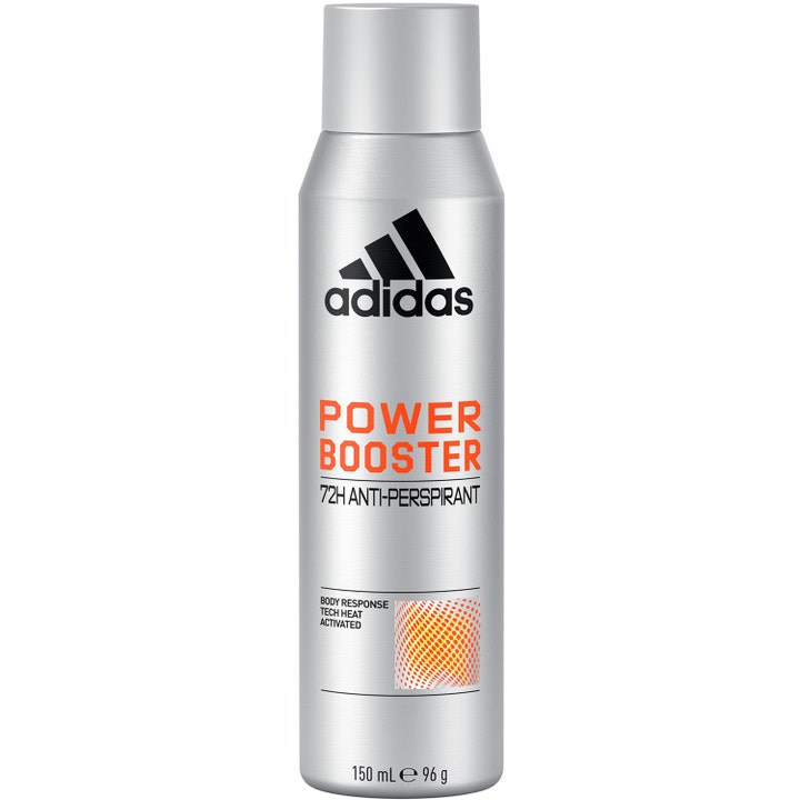 Adidas Power Booster 150 ml deospray gir 72 timers beskyttelse i sølvfarget metallflaske med oransje detaljer.