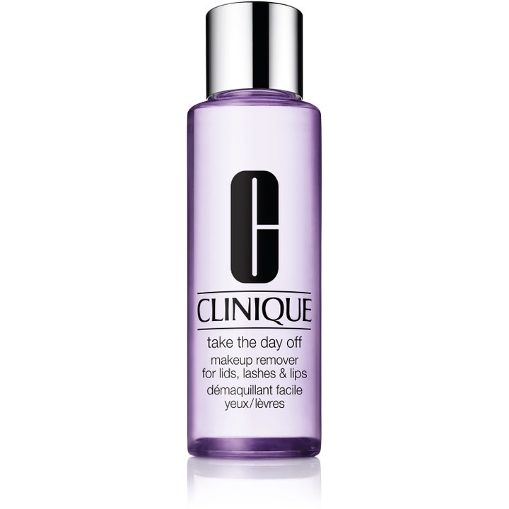 Clinique Take the Day Off 125 ml sminkefjerner for øyne og lepper i lilla gjennomsiktig flaske med sølvfarget kork