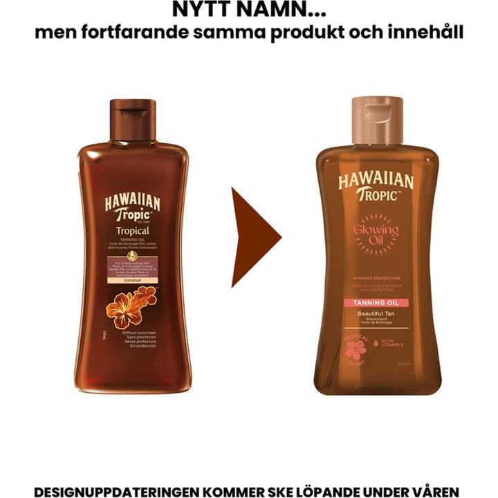 Hawaiian Tropic Tropical Tanning Oil Duo 400 ml sololje viser gammelt og nytt flaskedesign i brunt glass.