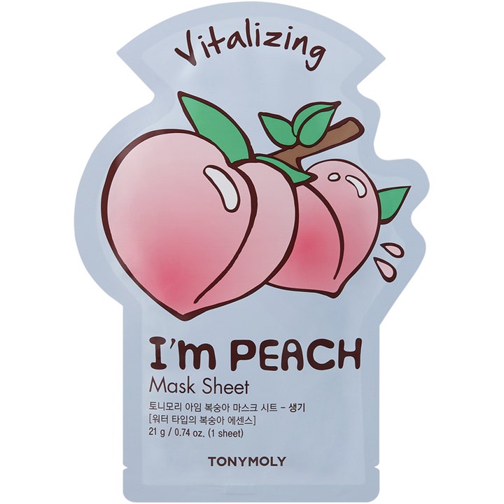 TonyMoly I'm Peach Mask Sheet 21 g vitaliserende ansiktsmaske i lyseblå sachet med stor rosa ferskenillustrasjon
