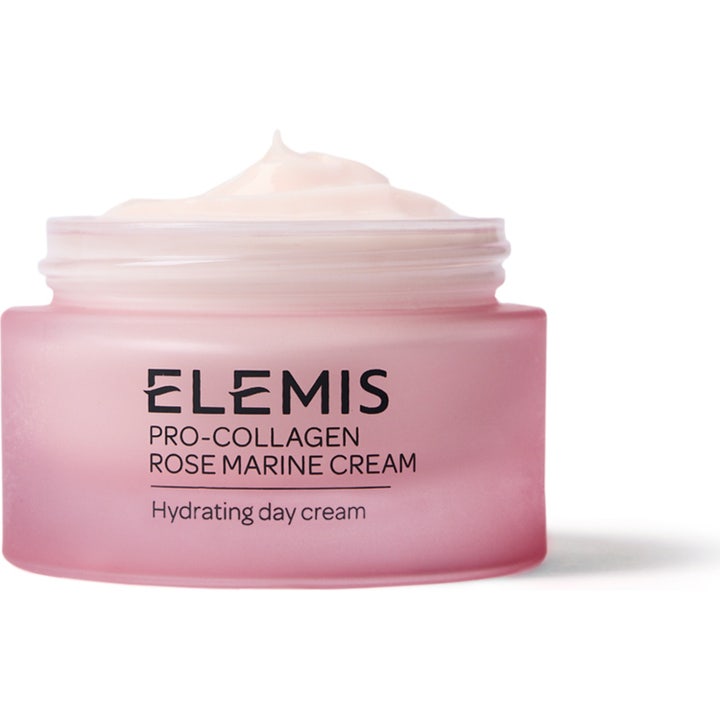 Elemis Pro-Collagen Rose Marine Cream fuktighetsgivende dagkrem i frostet rosa glasskrukke med kremet lyserosa tekstur