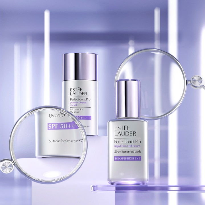 Estée Lauder Perfectionist Pro Rapid Firm + Lift Serum 30 ml oppstrammende serum i sølvflaske med hexapeptider og SPF