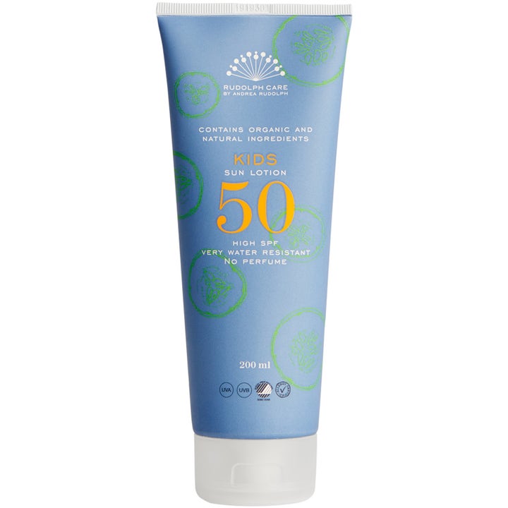 Rudolph Care Kids Sun Lotion 200 ml vannavstøtende solkrem i lyseblå tube med oransje 50 og grønne sirkler.