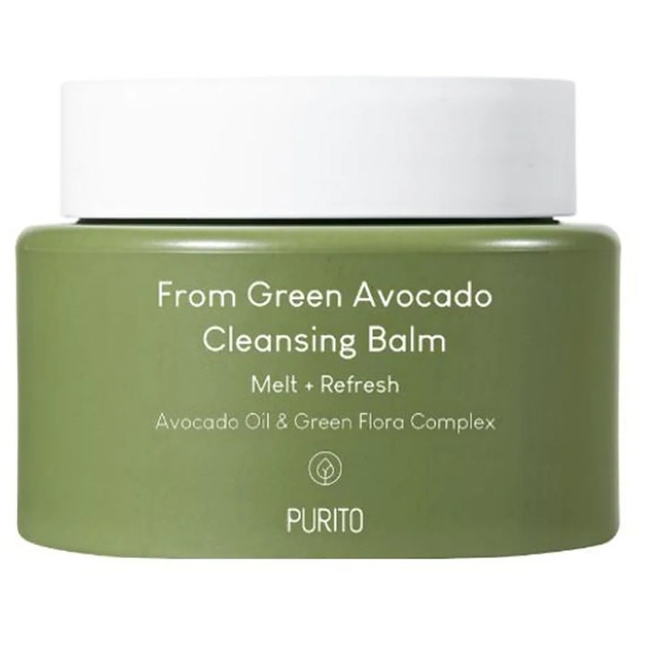 Purito From Green Avocado Cleansing Balm nærende rensebalm med avokadoolje i en olivengrønn krukke med hvitt lokk