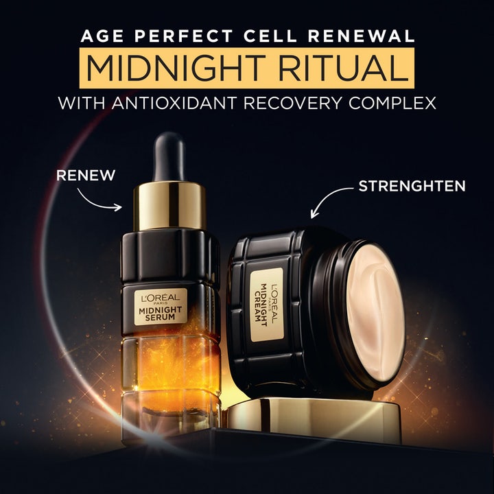 L'Oréal Paris Midnight Cream 50 ml nattkrem og serum fornyer huden med antioxidant recovery complex i mørke glasskrukker.