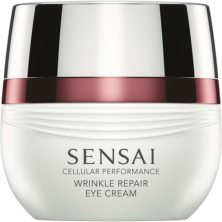 Sensai Cellular Performance Wrinkle Repair Eye Cream mot rynker i hvit krukke med skinnende sølvlokk og rød detalj
