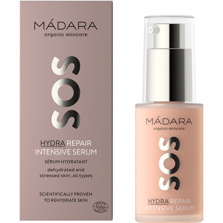 MÁDARA SOS Hydra Repair Intensive Serum 30 ml fuktserum i frostet glassflaske med pumpe og eske