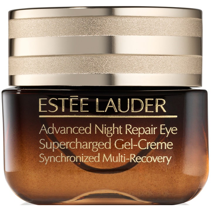 Estée Lauder Advanced Night Repair Eye 15ml reparerende øyekrem i en brun glasskrukke med stripete gulllokk.