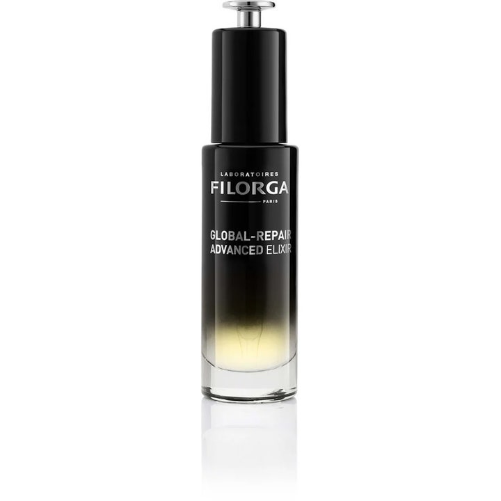 Filorga Global-Repair Advanced Elixir 30 ml reparerende serum som gir næring i en svart og klar glassflaske med sølvtopp.