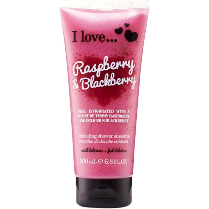 I love Raspberry & Blackberry 200 ml eksfolierende kroppsskrubb i rosa tube med svarte hjerter