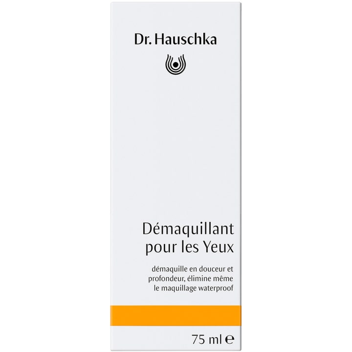 Dr. Hauschka Eye Makeup Remover 75 ml skånsom øyesminkefjerner i hvit eske med oransje stripe fjerner vannfast sminke.
