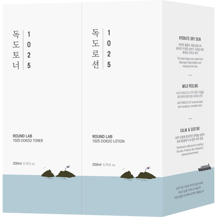 Round Lab 1025 Dokdo Toner Lotion Special Set 400 ml fuktighetsgivende sett i hvit eske med minimalistisk dekor