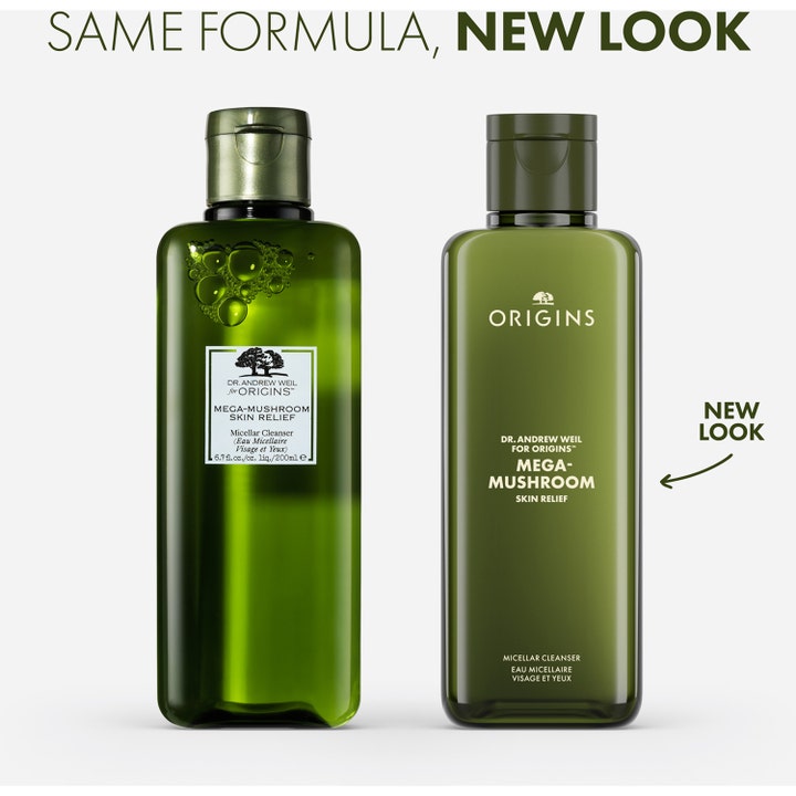 Origins Dr. Weil Mega-Mushroom Micellar Cleanser 200 ml beroligende micellærvann i ny og gammel grønn flaske