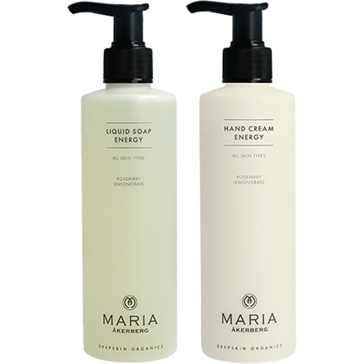 Maria Åkerberg Liquid Soap og Hand Cream Energy med rosmarin og sitrongress i hvite flasker med sorte pumper.