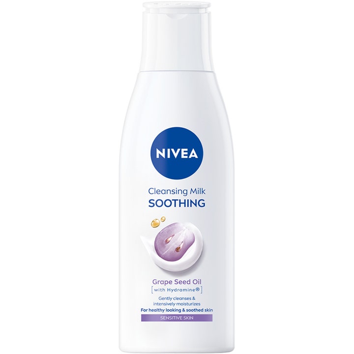 NIVEA Cleansing Milk Soothing 200 ml beroligende ansiktsrengjøring i hvit plastflaske med druekjerneolje