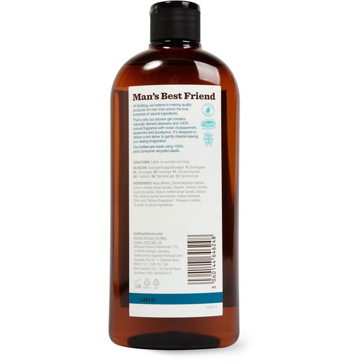 Bulldog Shower Gel Peppermint & Eucalyptus 500 ml oppfriskende dusjsåpe i brun plastflaske med hvit etikett på baksiden