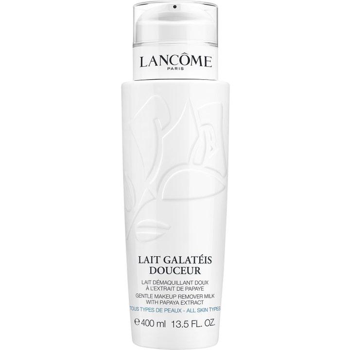 Lancôme Galatéis Douceur 400 ml rensende ansiktsmelk i hvit flaske med preget blomstermotiv.