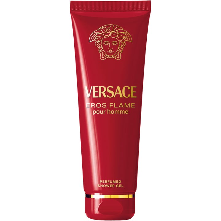 Versace Eros Flame Pour Homme parfymert dusjgelé gir en frisk duft i rød tube med gullfarget Medusa-logo.