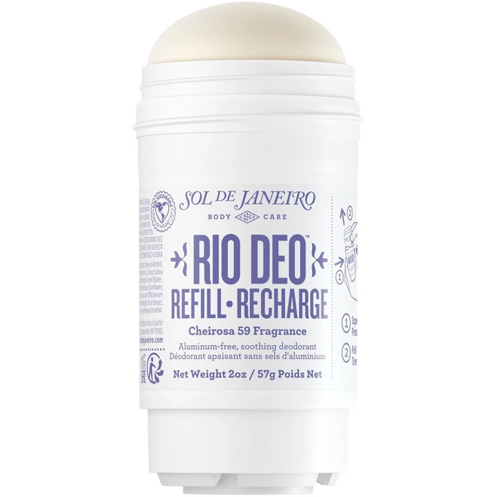 Sol de Janeiro Rio Deo Refill 57g aluminiumfri deodorant som beroliger huden i hvit stift med lilla detaljer