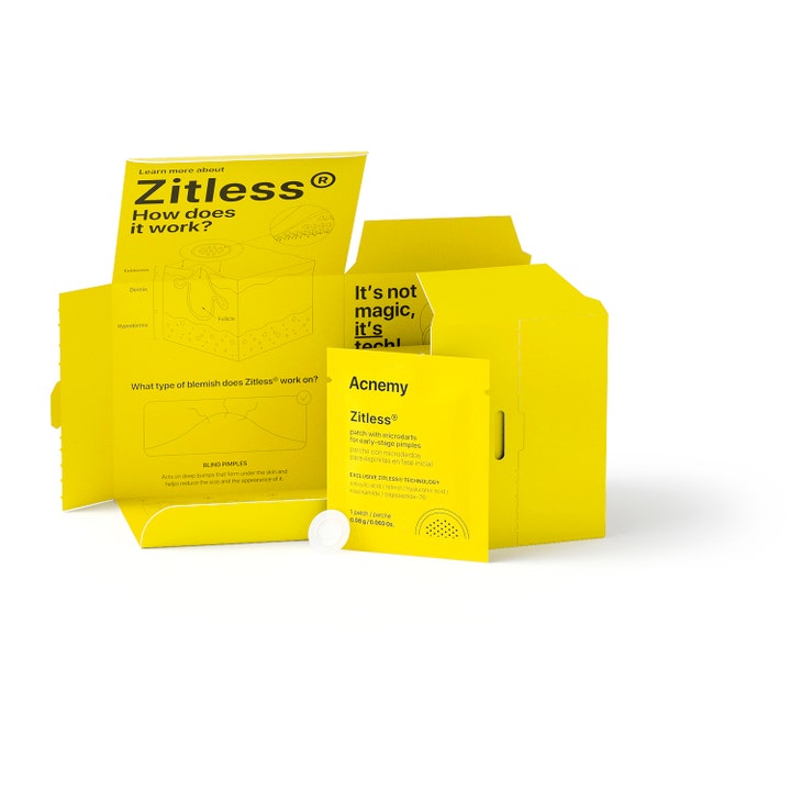 Niche Beauty Lab Acnemy Zitless 5 stk kviseplaster i gul eske med sachet og et hvitt plaster med mikrodarts