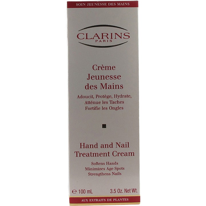 Clarins Hand & Nail Treatment Cream 100 ml håndkrem som gir myke hender og styrker negler i hvit eske