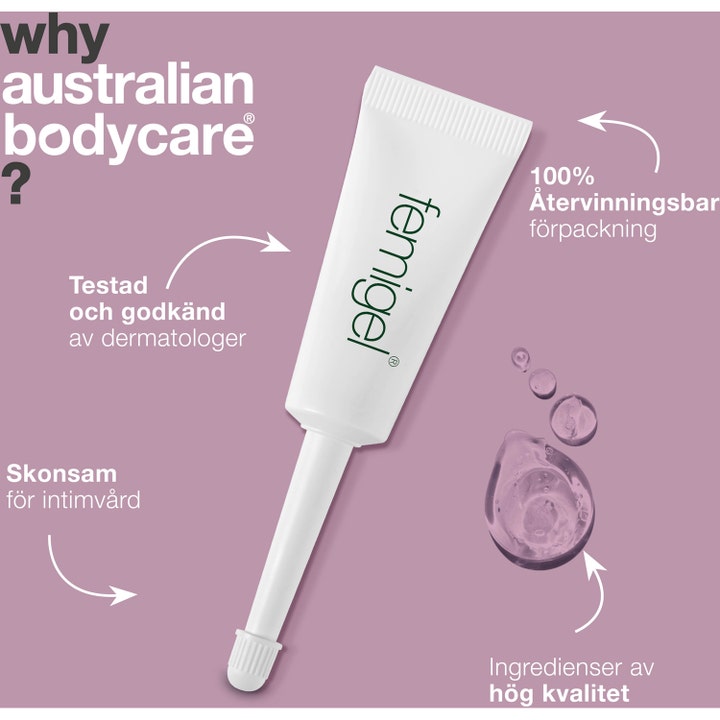Australian Bodycare Femigel 25 ml intimpleie mot irritasjon hvit applikatortube og klar gel på lilla bunn