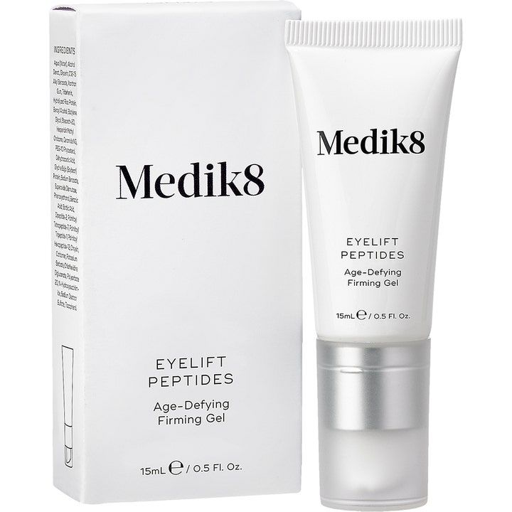 Medik8 EyeLift Peptides 15 ml oppstrammende øyekrem i hvit tube med sølvkork og hvit eske.