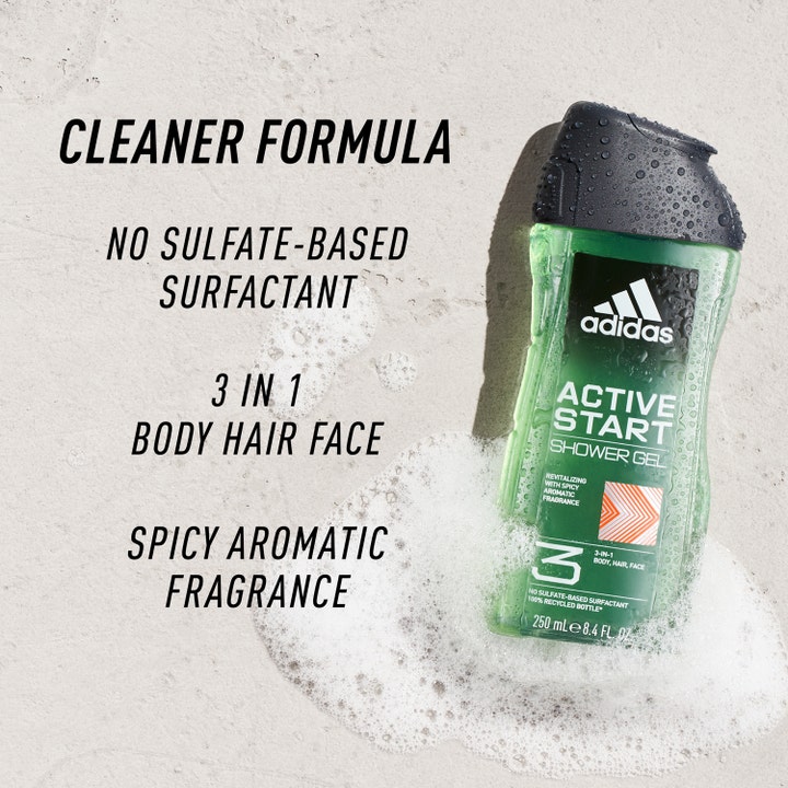 Adidas Active Start 400 ml dusjsåpe med 3-i-1-formel og krydret duft i grønn flaske omgitt av hvitt skum