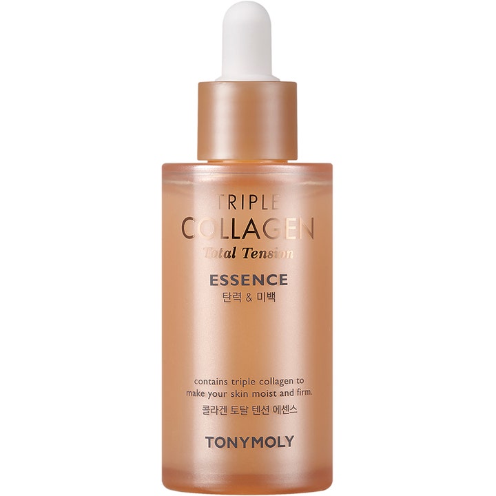 Tonymoly Triple Collagen Total Tension Essence oppstrammende ansiktsserum i ferskenfarget frostet flaske med hvit pipette