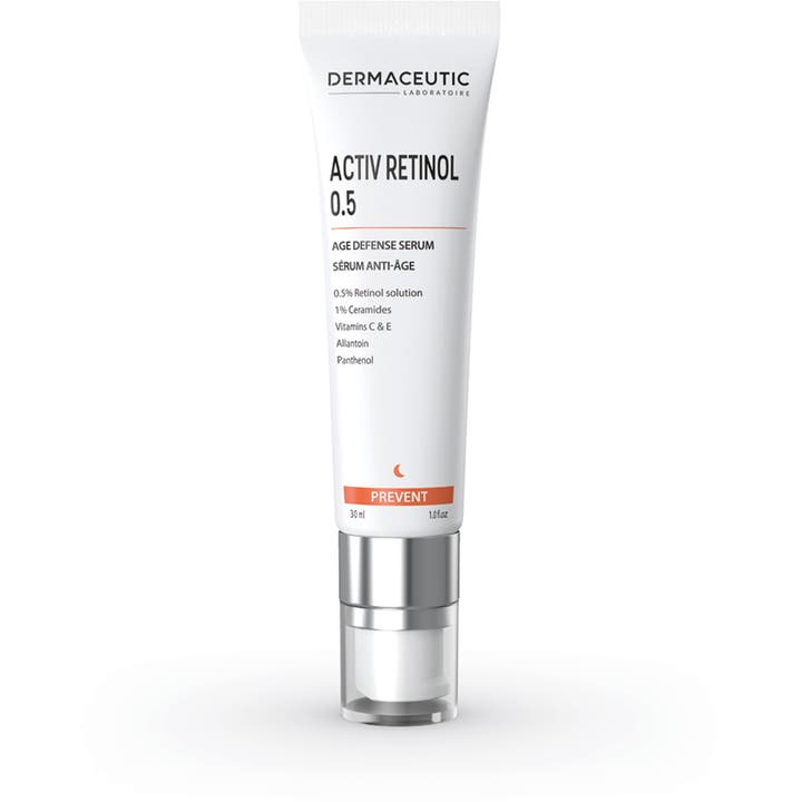 Dermaceutic Activ Retinol 0.5 30 ml serum som motvirker aldringstegn i hvit tube med sølvpumpe og gjennomsiktig kork